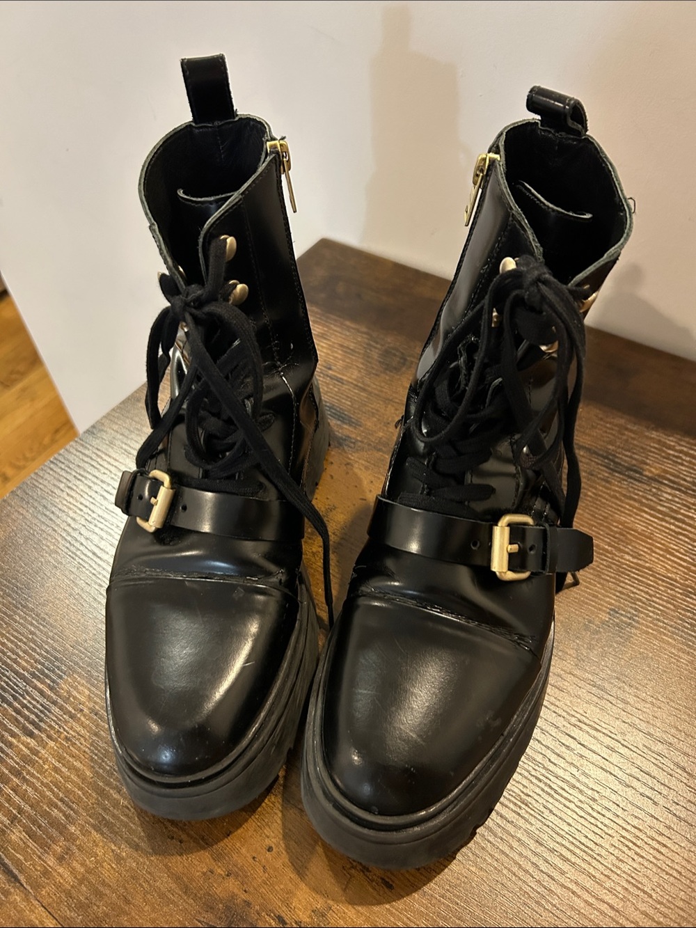 AllSaints Black Patent Lace-Up Combat Boots with Gold Buckles - Picture 1 of 8